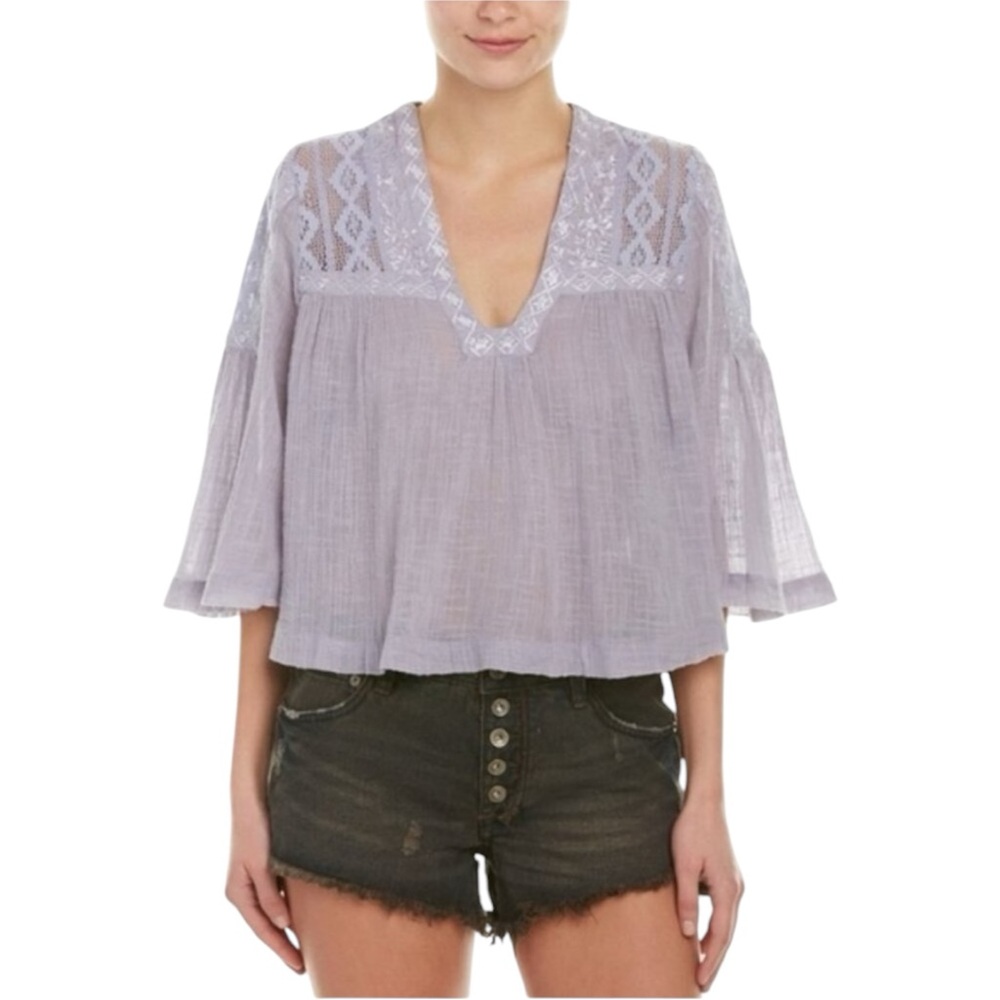 Free People Lavender Purple Carry Me Away Cropped Gauze V Neck Top size Small